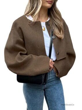 Cropped Wool Blend Pea Coat Short Button Down Jacket